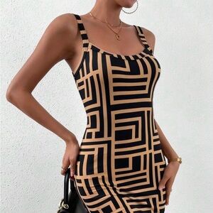 Geometric Black and Tan Bodycon Dress